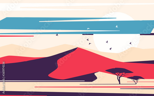 Bright sunrise over the desert sand dunes. Vector illustration