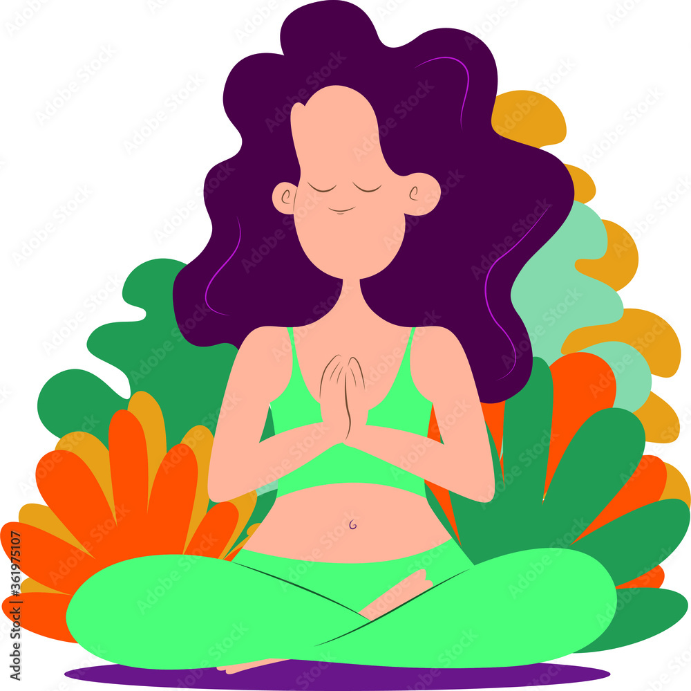 A woman doing meditation yoga at home colorful illustration