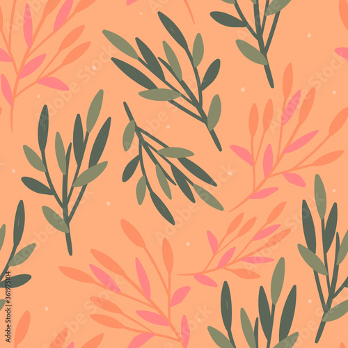 Hand drawn leaves seamless pattern for print  textile  fabric  apparel design. Spiring  autumn background with abstract leaves.