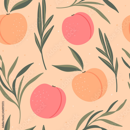 Peaches with leaves hand drawn seamless pattern for print, textile, fabric. Modern fruits background.
