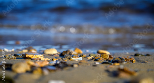 Waves at the seashore at sunset. Selective focus with shallow depth of field.