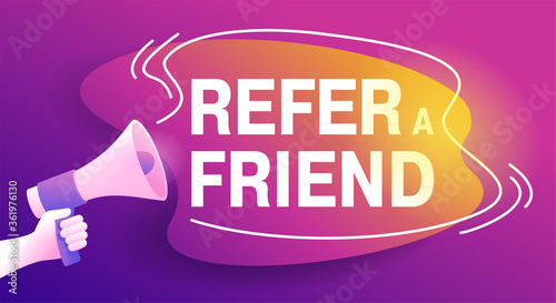 Refer a friend referral program promo banner - loudspeaker in hand and decorative frame bubble for slogan - vector purple poster