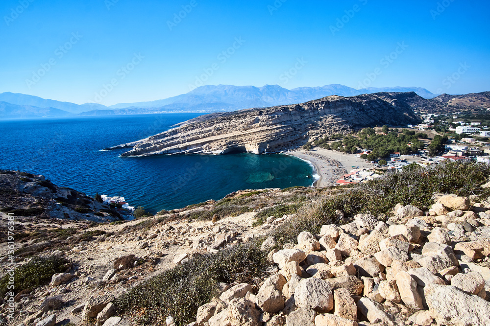 Matala bay, rock and beach on the island of Crete