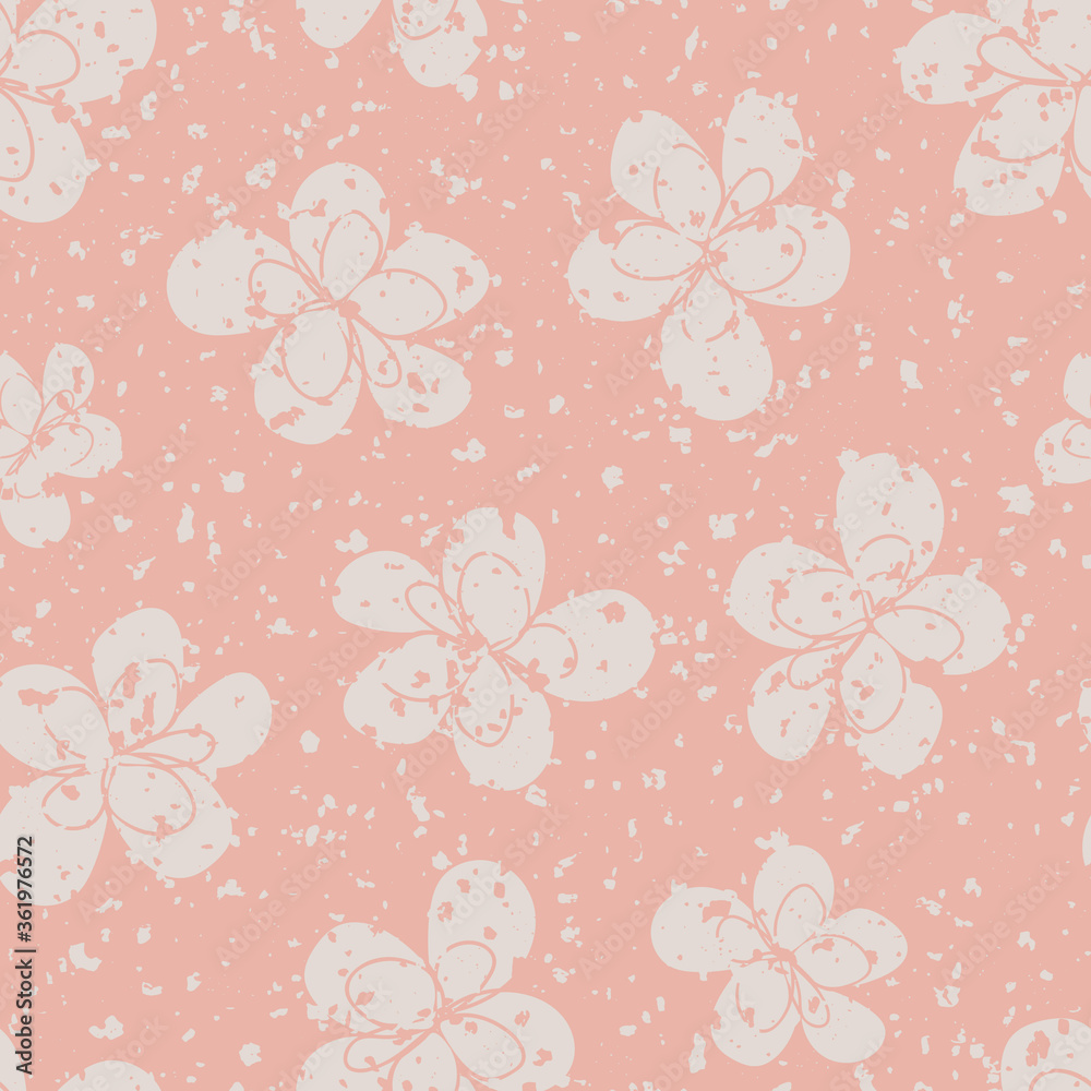 Scattered cream white flowers seamless vector pattern background. Simple pastel pink backdrop of modern hand drawn florals with snowy texture speckle overlay. Botanical all over print for packaging
