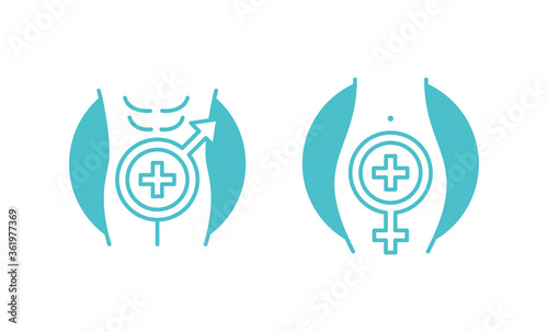 Andrology and Gynecology icon - Venus (male) and Mars (female) signs inside man and woman body - medical gender isolated vector sign