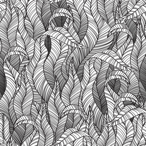 Black and white leaves seamless decorative pattern. Vector nackground.