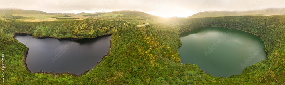 Fototapeta premium Aerial Panoramic view of Lagoa Negra and Lagoa Comprida on the Azores island of Flores 