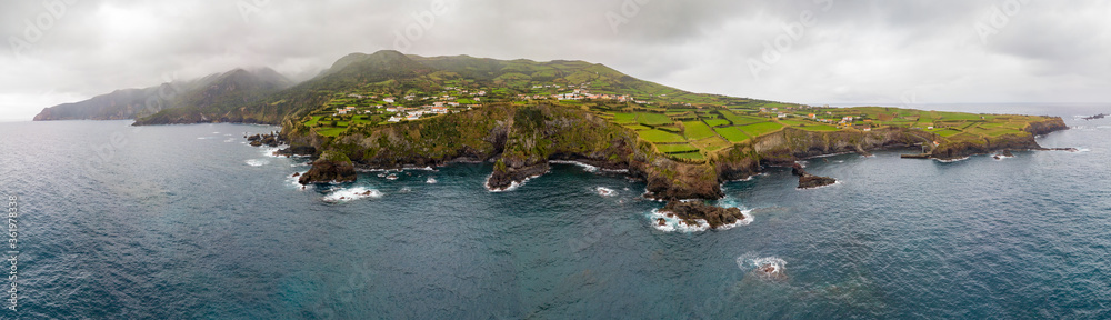 Aerial panoramic view of the coast the Flores Island,