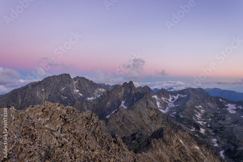 Landscape of high rocky mountains before the sunrise. High Tatras.