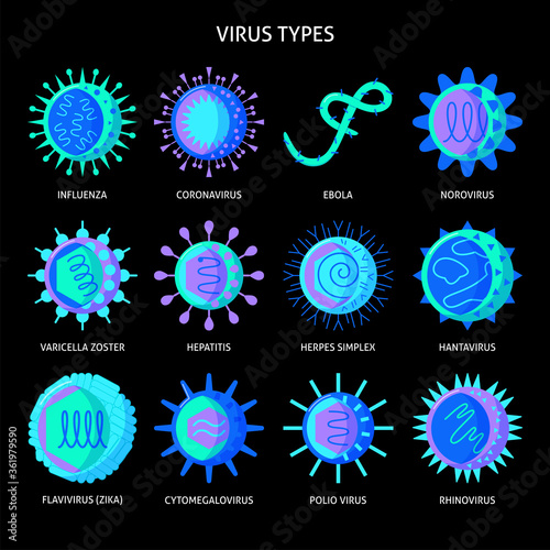 Virus types icon set in flat style photo