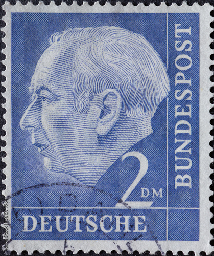 GERMANY - CIRCA 1954: this postage stamp shows the first German President of the Federal Republic of Germany Professor Dr. Theodor Heuss ca 1954