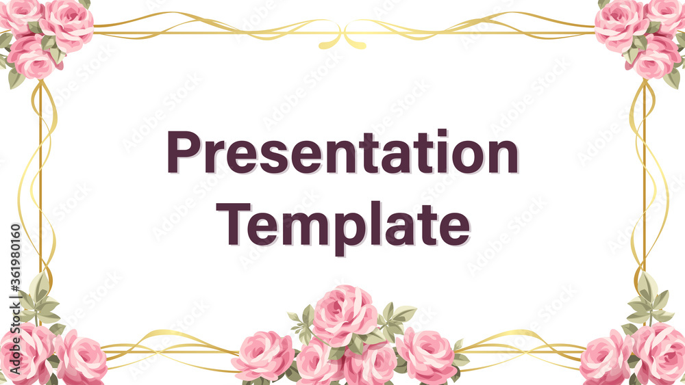 Presentation template of pink rose and gold frame, white background. Vector illuatration. 