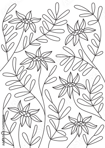 Modern cartoon flowers pattern coloring page. Vector trendy hand drawn illustration. 
