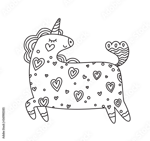 Happy cartoon unicorn with hearts on it's body. Illustration for coloring page.
