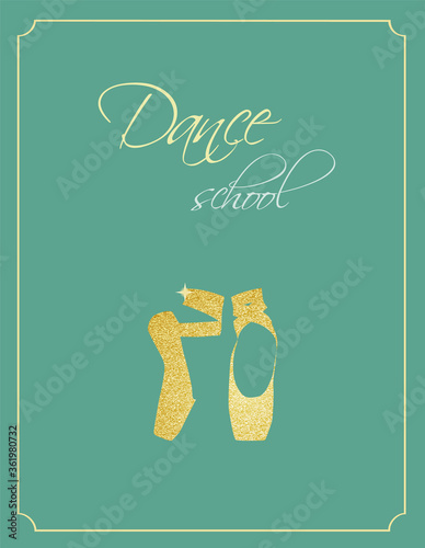 Dance school card with glitter pointe shoes. photo