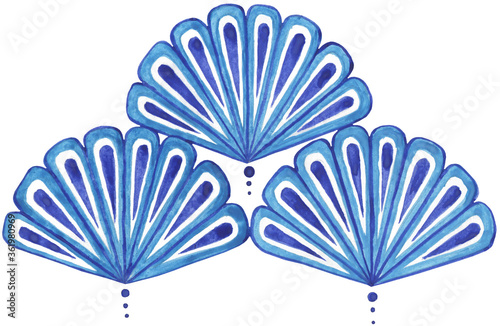 Blue fan-shaped oriental pattern. Japanese motifs.Shell pattern  lines  drops  dots on a transparent background