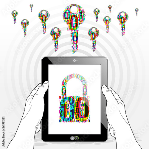 A Tablet PC vertically held presents a “Binary code padlock icon on its screen. A set of "Binary code” Key icons sit floating above representing the open opportunities available by the internet (WWW).