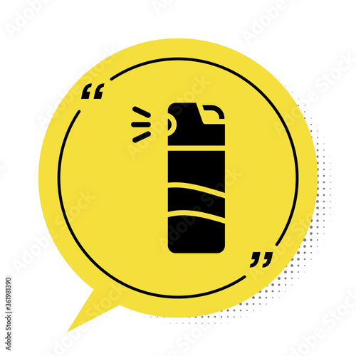 Black Pepper spray icon isolated on white background. OC gas. Capsicum self defense aerosol. Yellow speech bubble symbol. Vector.