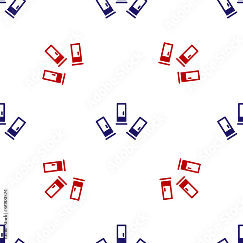 Blue and red Cartridges icon isolated seamless pattern on white background. Shotgun hunting firearms cartridge. Hunt rifle bullet icon. Vector.