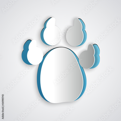 Paper cut Paw print icon isolated on grey background. Dog or cat paw print. Animal track. Paper art style. Vector.