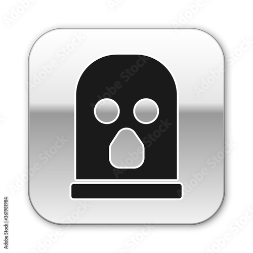 Black Balaclava icon isolated on white background. A piece of clothing for winter sports or a mask for a criminal or a thief. Silver square button. Vector.