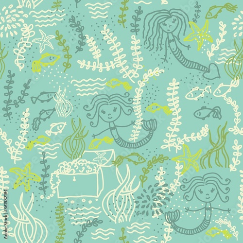 seamless doodle pattern with mermaid 