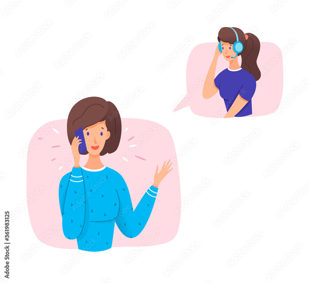 Vector character illustration of woman calling call centre Vector character illustration of woman calling call centre