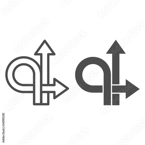 Arrows straight and turn back line and solid icon, Traffic concept, U-turn sign on white background, Go straight or turn back icon in outline style for mobile concept and web design. Vector graphics.