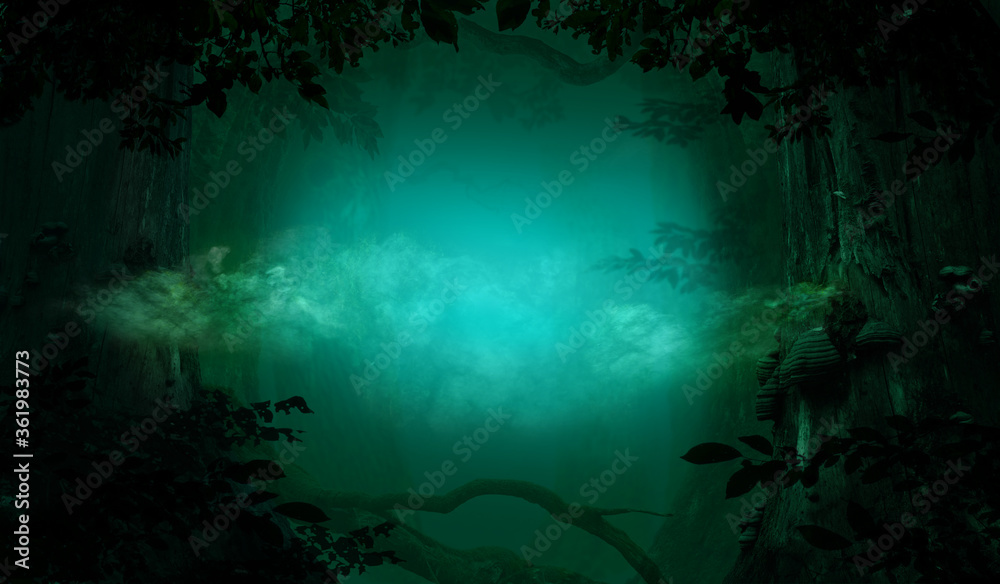 Fototapeta premium Mysterious blue smoke in fantasy forest. Old trees, crooked branches and foliage silhouettes. Mystical atmosphere in fairy tale background woodland