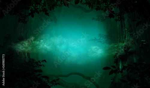 Mysterious blue smoke in fantasy forest. Old trees, crooked branches and foliage silhouettes. Mystical atmosphere in fairy tale background woodland