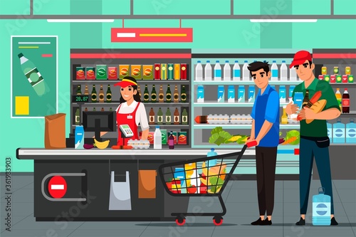 Vector character illustration of cashier and shoppers at supermarket