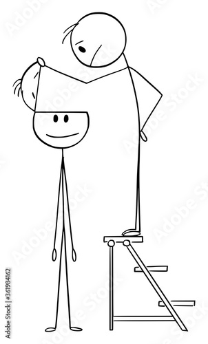 Vector cartoon stick figure drawing conceptual illustration of man looking inside of head of another man searching for brain. Intelligence, knowledge or education concept.