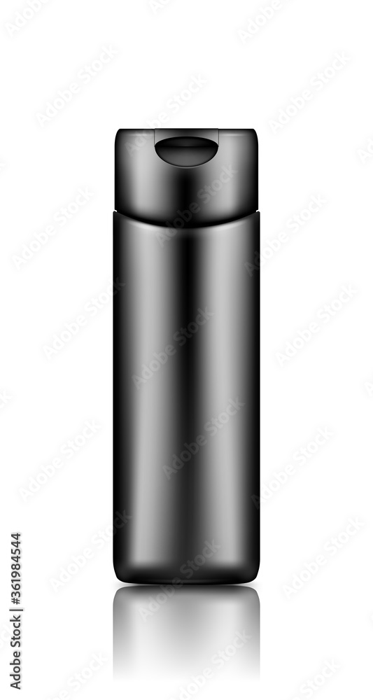 Black cosmetic bottle mockup isolated from background: lotion, cream, shampoo, shower gel. Plastic package design. Blank hygiene, body, hair, face care product template. 3d vector illustration Black cosmetic bottle mockup isolated from background: lotion, cream, shampoo, shower gel. Plastic package design. Blank hygiene, body, hair, face care product template. 3d vector illustration