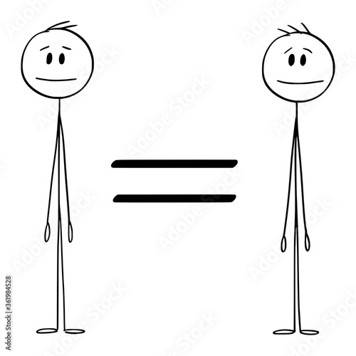 Vector cartoon stick figure drawing conceptual illustration of two men and equal or equation sign. All people or men are created equal.