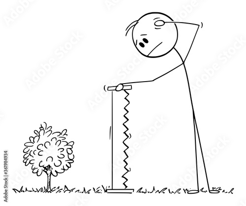 Vector cartoon stick figure drawing conceptual illustration of perplexed man holding big hand saw looking at small young plant tree, too small to be cut for firewood.