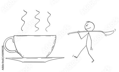 Vector cartoon stick figure drawing conceptual illustration of big cup of coffee or tea and small man carrying big spoon or teaspoon.