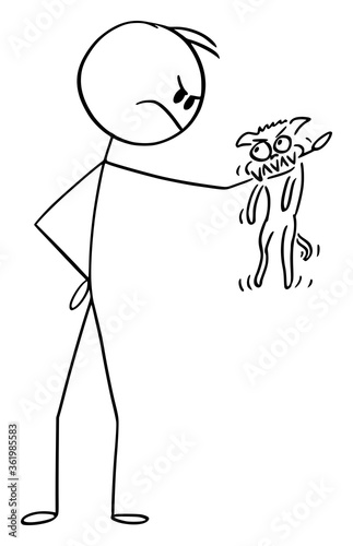 Vector cartoon stick figure drawing conceptual illustration of angry man with small aggressive dog or chihuahua bite to his arm.