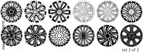 Sets wheels covers for car, different models. Three sets. Isolated on a white background. photo