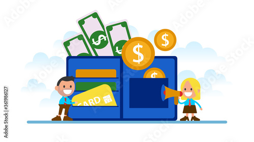 Banker calls to invest. Wallet and money vector illustration.
