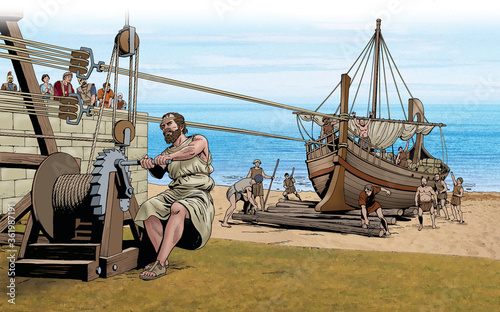 Obraz na plátně Archimedes pulls a ship with pulleys