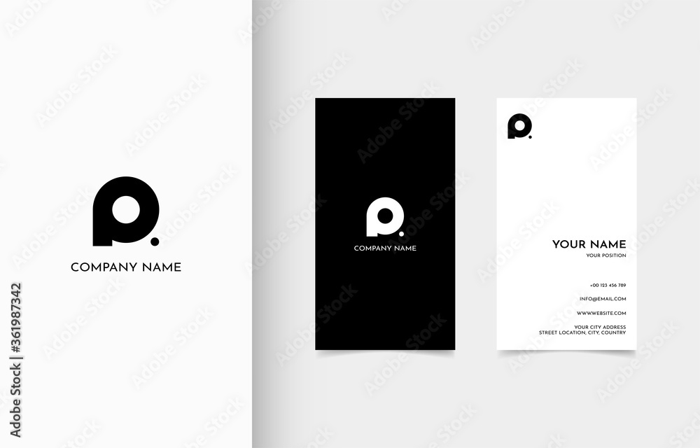 Modern vertical business card template, Name card design, Logo design, Contact card for company, Black and white colors. Vector illustration.