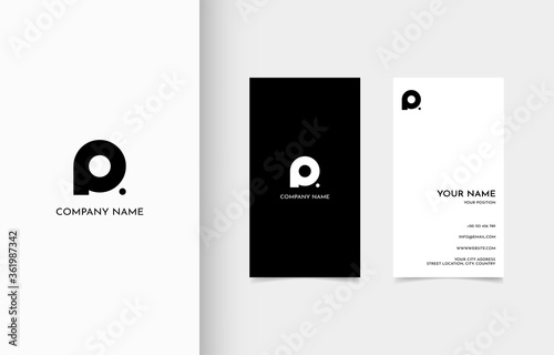Modern vertical business card template, Name card design, Logo design, Contact card for company, Black and white colors. Vector illustration.