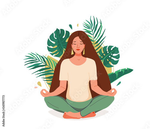 Mind wellness vector illustration. Young woman sitting in yoga lotus pose surrounded by tropical leaves and sun. Positive think creative concept