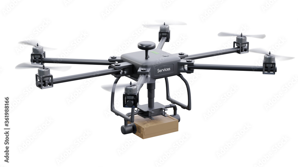 UAV drone delivery services with brown post package isolated on white background. clipping part. 3d render. UAV drone delivery services with brown post package isolated on white background. clipping part. 3d render.