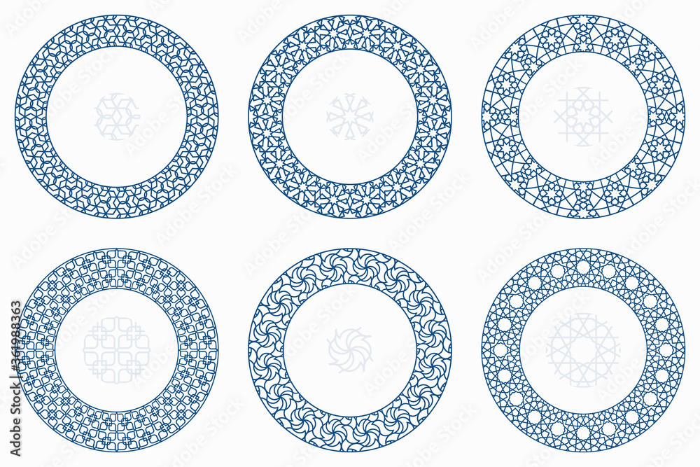 Arabic geometric round patterns set. Borders, frames. Vector illustration of round Islamic ornament elements with seamless pattern brushes Arabic geometric round patterns set. Borders, frames. Vector illustration of round Islamic ornament elements with seamless pattern brushes