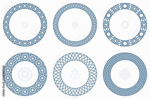 Arabic geometric round patterns set. Borders, frames. Vector illustration of round Islamic ornament elements with seamless pattern brushes
