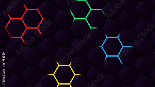 Background of polyhedra with a dark purple gradient with red, yellow, green and blue highlights. Suitable for both desktop and other purposes