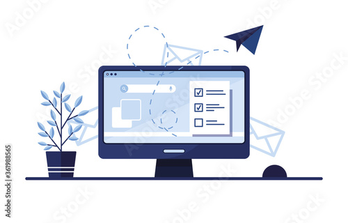 Banner illustration of email marketing. Workplace at home, in the office. Computer, PC. Paper airplane. Completed application form for the site. Filling out documents. Monitor screen. Blue. Eps 10