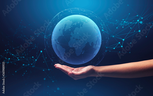 International connections and technologies. Collage of woman holding planet with mesh network around it