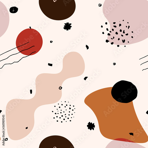 Seamless abstract Memphis nude pattern. Soft liquid burgundy, brown, beige, cream on neutral background. Black hand-drawn dots, line, circles, brush strokes accents. Vector Scandinavian illustration